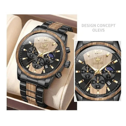 Stylish business outfit paired with a men’s moon phase chronograph watch.