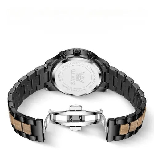 Back view of men’s chronograph watch with stainless steel and wood strap, engraved caseback and hidden clasp.