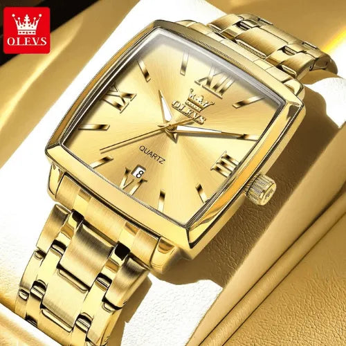 OLEVS luxury men’s square gold watch with Roman numerals and stainless steel strap