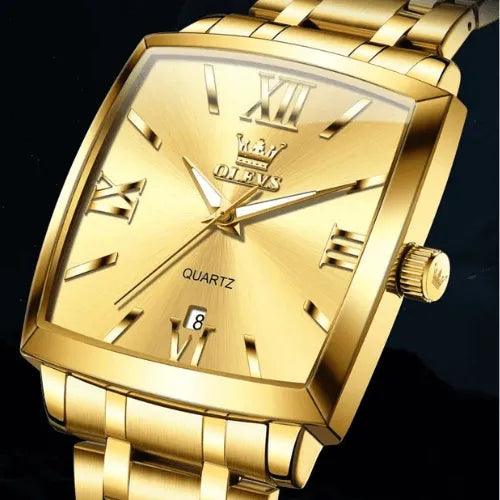 Classic gold square men’s wristwatch with date display and Roman numerals