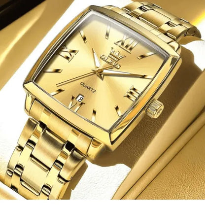 Golden square quartz wristwatch for men with stainless steel bracelet