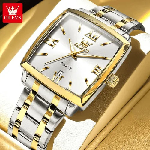 OLEVS men’s square watch in gold and silver with white dial