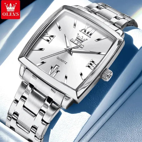 OLEVS luxury men’s square silver watch with luminous Roman dial