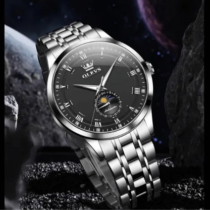 Luxury OLEVS black dial stainless steel watch with moon phase and luminous Roman numeral display.