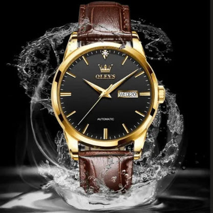 OLEVS mechanical business watch with black dial, waterproof design and brown leather strap