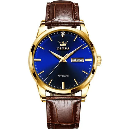 OLEVS business mechanical watch with blue dial and leather strap, automatic self-wind