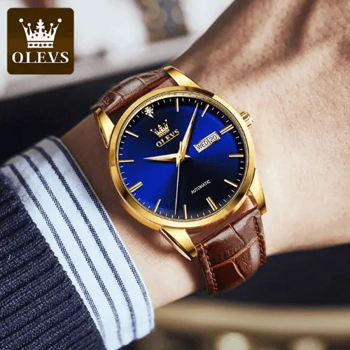 OLEVS automatic watch on wrist, blue dial with golden case and brown leather strap