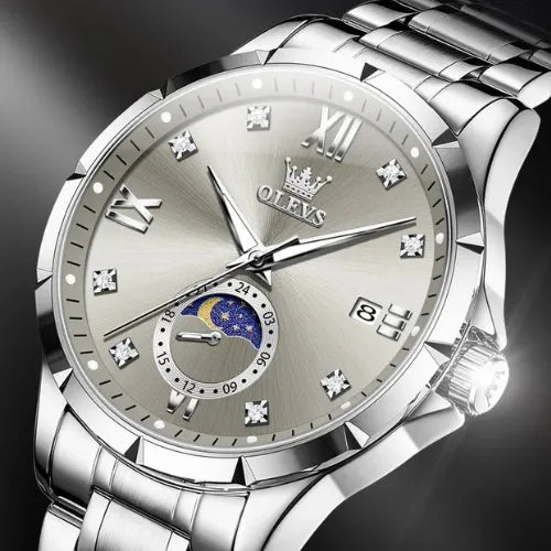 Close-up of OLEVS business quartz men’s watch featuring silver dial, diamond markers and moon phase.