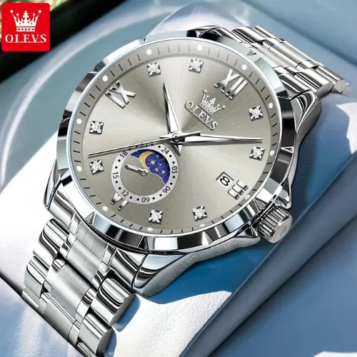 Luxury OLEVS men’s quartz business watch with silver dial, luminous hands and moon phase.
