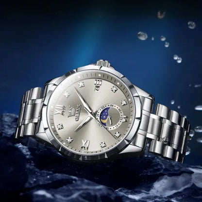 OLEVS silver business quartz watch with moon phase, showcased with 30M water resistance.