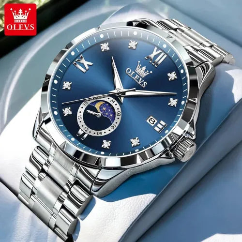 OLEVS Men's Business Quartz Watch with blue dial, moon phase and stainless steel bracelet.