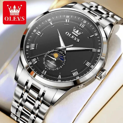 OLEVS silver automatic wristwatch with black dial, Roman numeral markers and moon phase display.