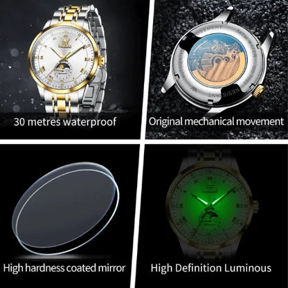 OLEVS men’s silver and gold automatic watch with waterproof and luminous features.