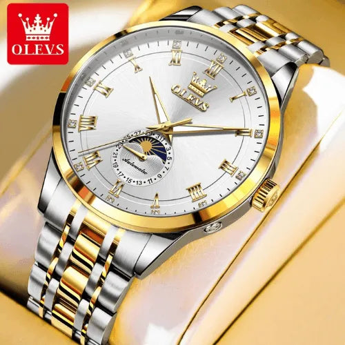OLEVS silver and gold men’s automatic watch with Roman numerals and moon phase.