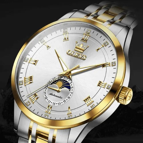 Close-up view of OLEVS silver and gold men’s automatic watch with moon phase.
