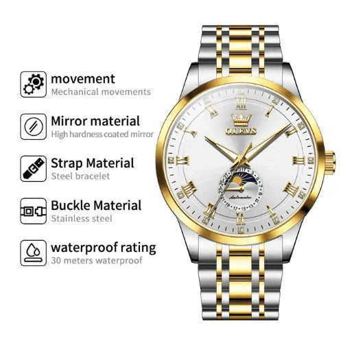 Technical specifications of OLEVS silver and gold men’s automatic watch.