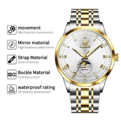 Technical specifications of OLEVS silver and gold men’s automatic watch.