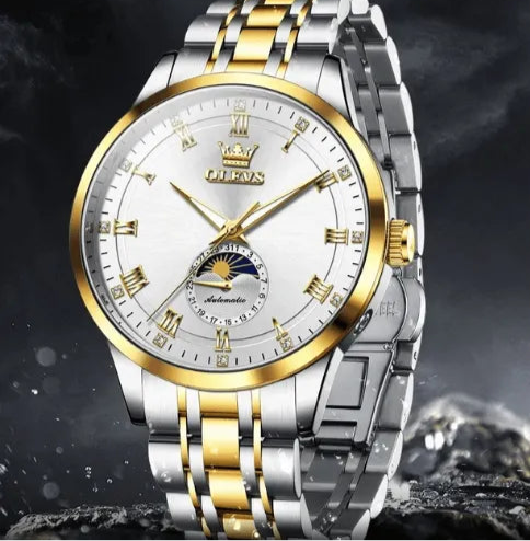 OLEVS silver and gold automatic watch for men with 30 metres waterproof resistance.