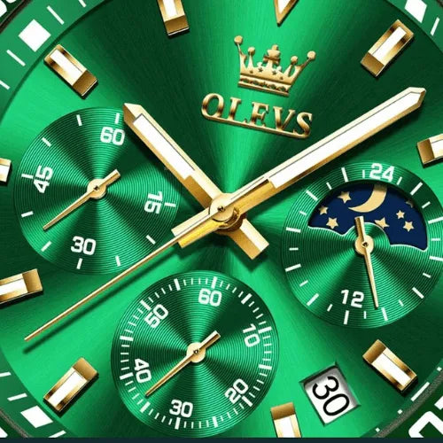 Close-up of Sentinel Chronograph Watch with green dial, moon phase, and chronograph sub-dials.