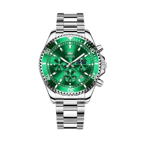 Men’s Sentinel Chronograph Watch with green dial and stainless steel bracelet – front product image.