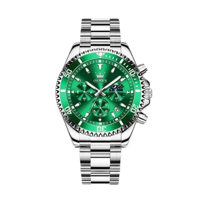 Men’s Sentinel Chronograph Watch with green dial and stainless steel bracelet – front product image.