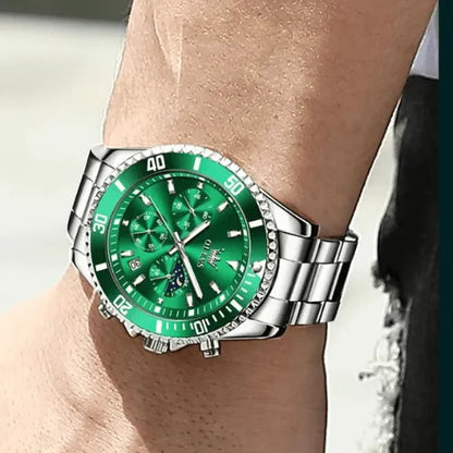 Men’s Sentinel Chronograph Green Dial Watch worn on wrist with stainless steel bracelet.