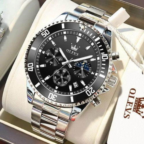 Sentinel Chronograph Watch Black Silver with stainless steel bracelet and black dial featuring moon phase and chronograph functions.