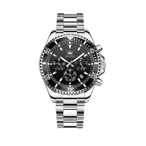 Full view of the Sentinel Chronograph Watch Black Silver with stainless steel strap and classic black dial.