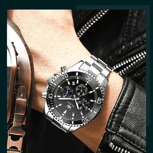 Men’s Sentinel Chronograph Watch Black Silver worn with leather jacket, showing bold design and moon phase dial.