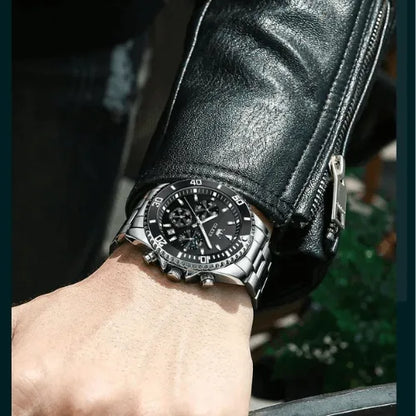 Sentinel Chronograph Watch Black Silver on wrist outdoors, featuring chronograph sub-dials and moon phase detail.