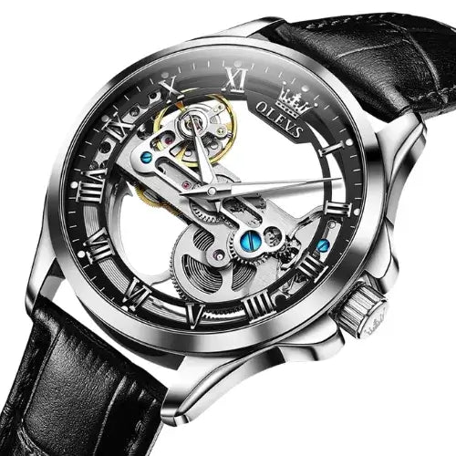 Luxury men’s skeleton watch with black dial, Roman numerals, and leather strap.